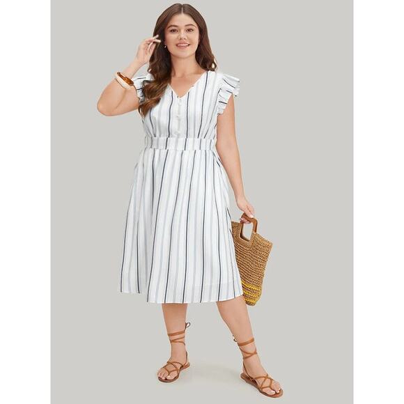 5X 28 Plus Size White Stripe BloomChic Midi Dress Pocket Ruffle Sleeve - Picture 2 of 11